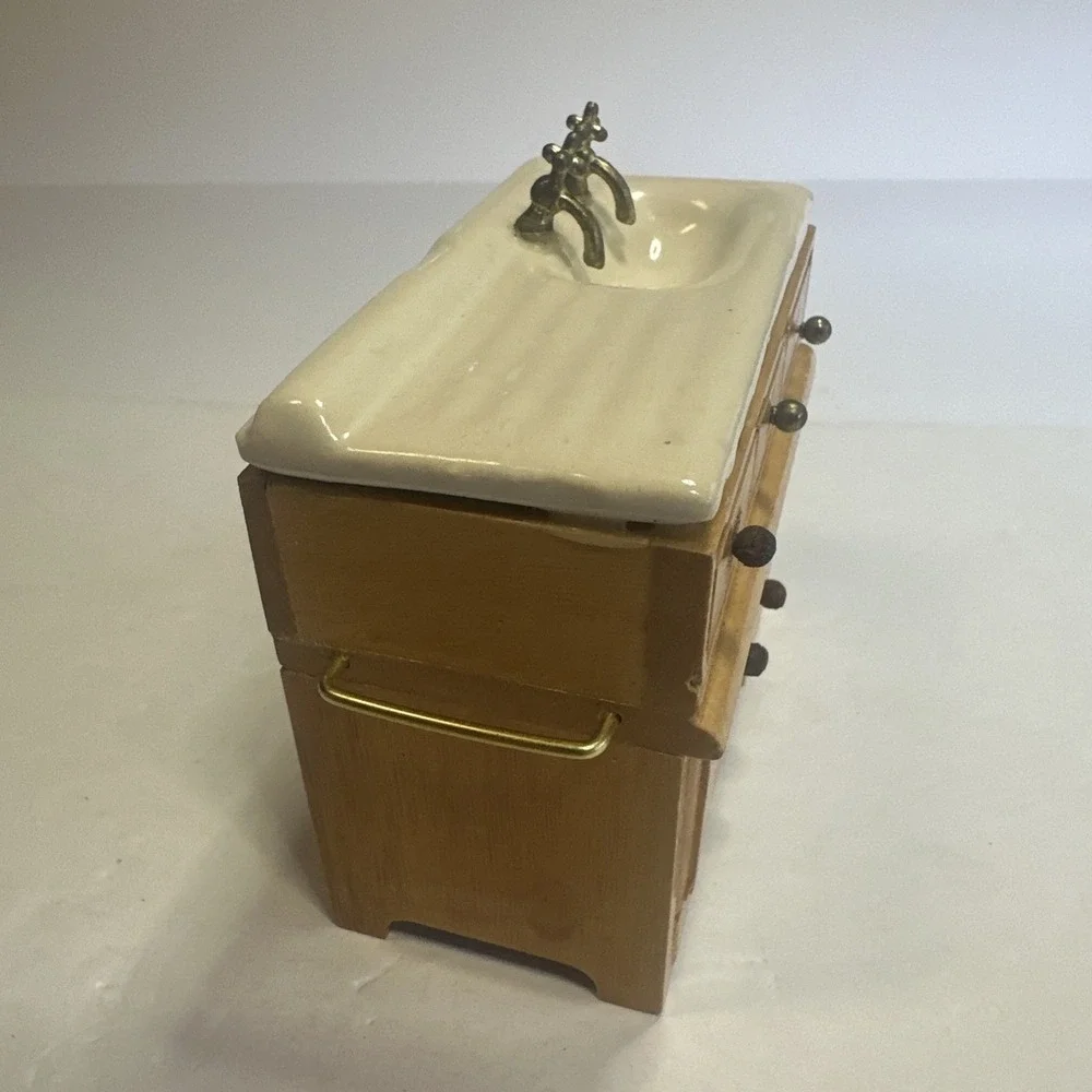 Vintage Dollhouse Miniature Doll Furniture Porcelain Sink with Wood Cabinet 4x2